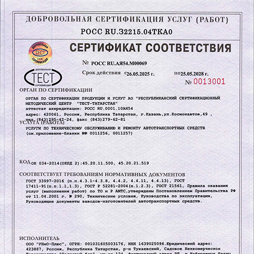 Сертификат соответствия стандартам ручного управления «УНИО-Плюс»